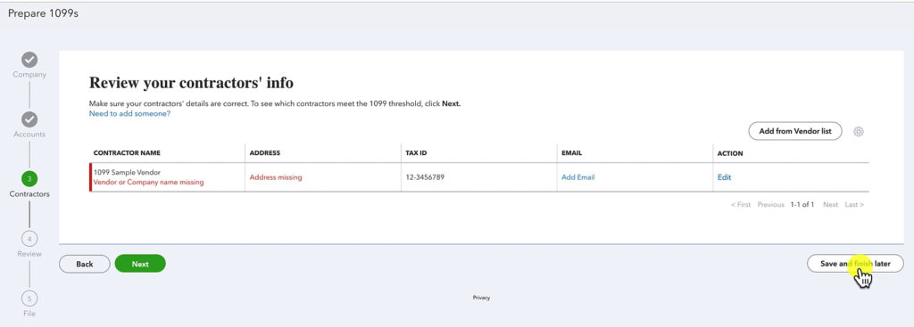 Save and finish later when preparing 1099s in QuickBooks Online.