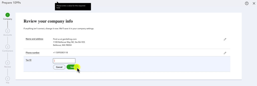 Enter your Tax ID when preparing 1099s in QuickBooks Online.