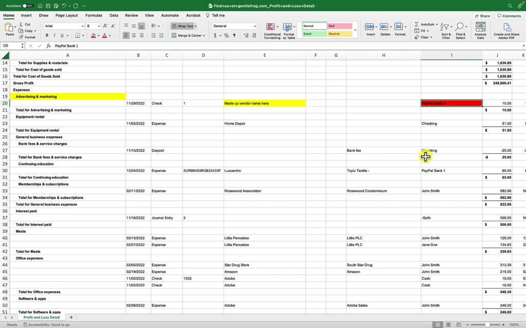 Highlighting in Exported Profit and Loss Detail Report possible 1099 vendors paid with PayPal.