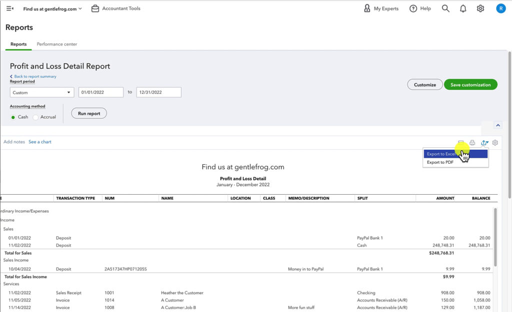 Exporting the Profit and Loss Detail Report to Excel in QuickBooks Online.