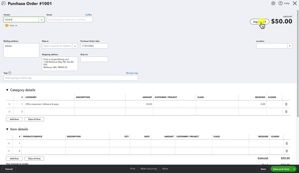 How to Create a Purchase Order in QuickBooks Online and Convert it to a