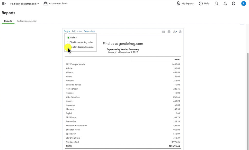 Sorting the Expenses by Vendor Summary report in QuickBooks Online.