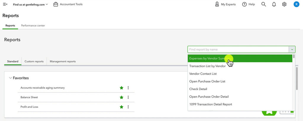 Searching for the Expenses By Vendor Summary Report in QuickBooks Online.