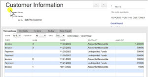 Example of a customer in QuickBooks Desktop with several invoices and payments including a prepayment.
