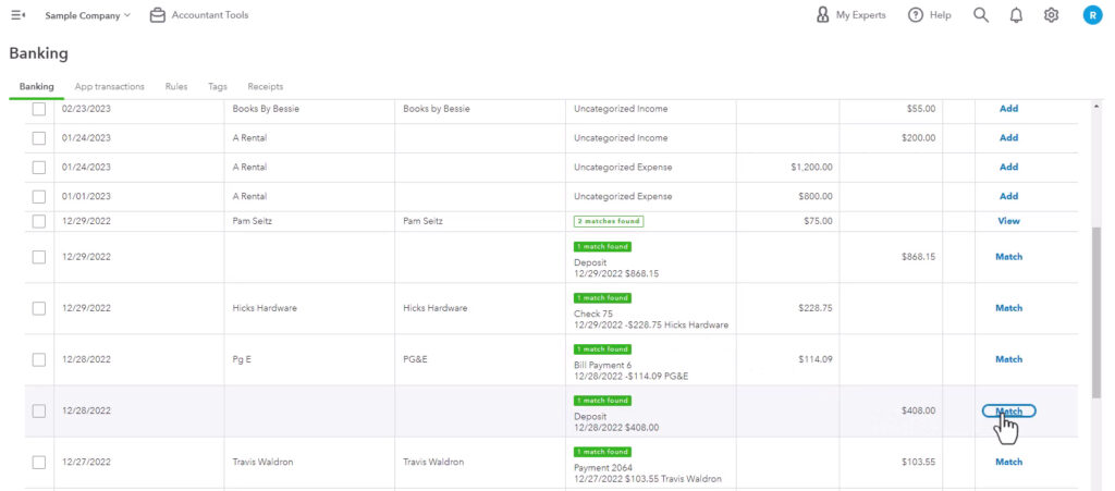 Matching a deposit you entered to a downloaded deposit from your bank in the QuickBooks Online banking feed.