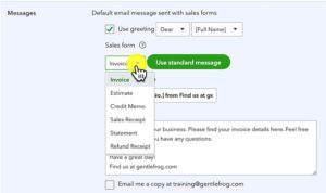 Selecting a Sales form type to edit the message for in QuickBooks Online.