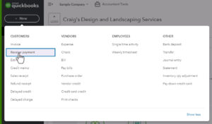 Receive payment in the +New menu in QuickBooks Online.