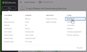 Navigating to Bank deposit from the +New menu in QuickBooks Online.