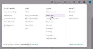 Import data in the gear menu in QuickBooks Online.