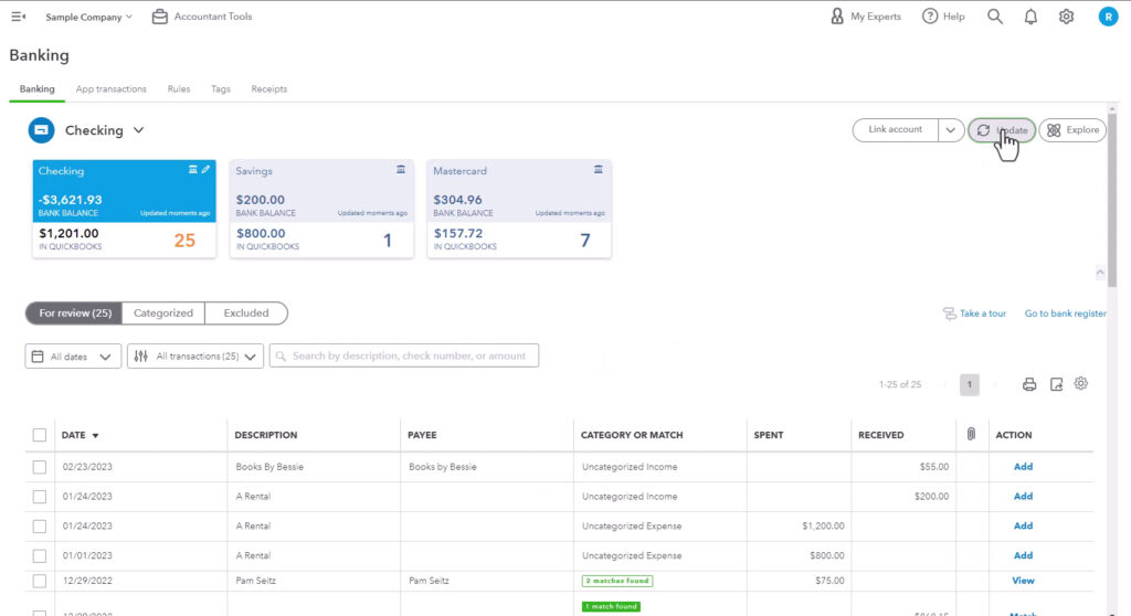 Updating the bank feed in QuickBooks Online.
