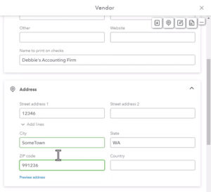 Address field in the vendor information window in QuickBooks Online.