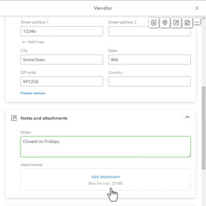 Notes and attachements section of the Vendor window in QuickBooks Online.