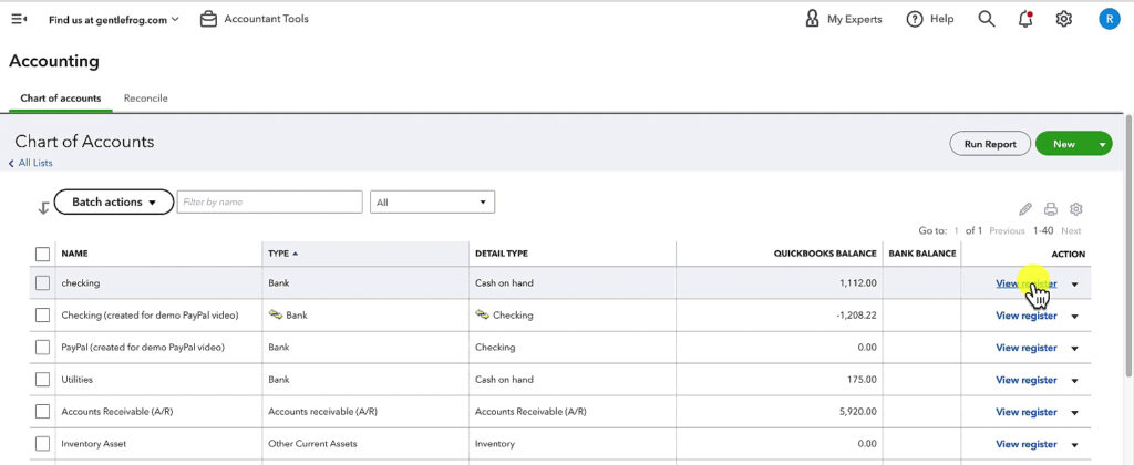 Opening the register for the checking account in Chart of accounts in QBO