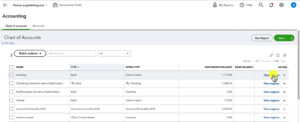 Opening the register for the checking account in Chart of accounts in QBO