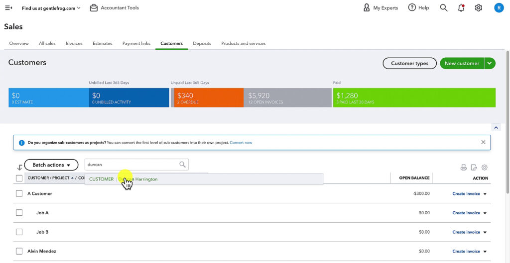 Searching for a customer in the QBO Customer List