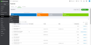 QuickBooks Online Vendor list with the Expenses menu open.