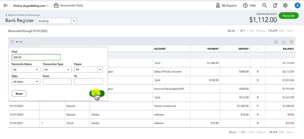 Finding transactions by dollar amount in the bank register of QBO