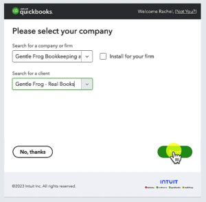 Company selection screen when connecting Gusto to QuickBooks Online.