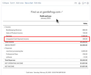 Unapplied Cash Payment Income account on the profit and loss in QuickBooks Online.