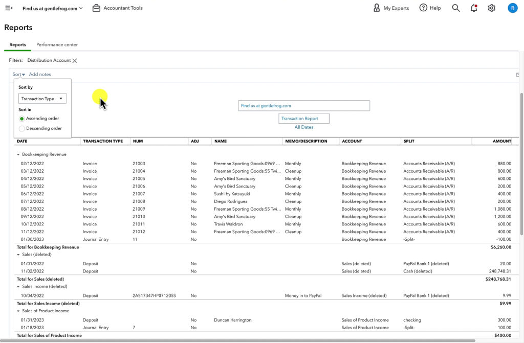 Sort the QBO Transaction Report by Transaction type