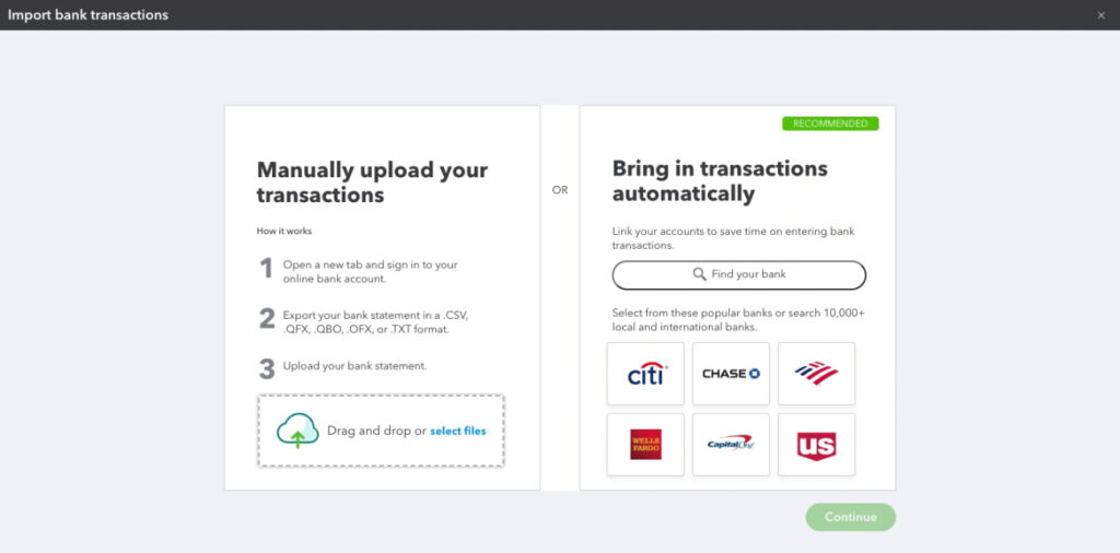 Importing bank transactions screen in QBO