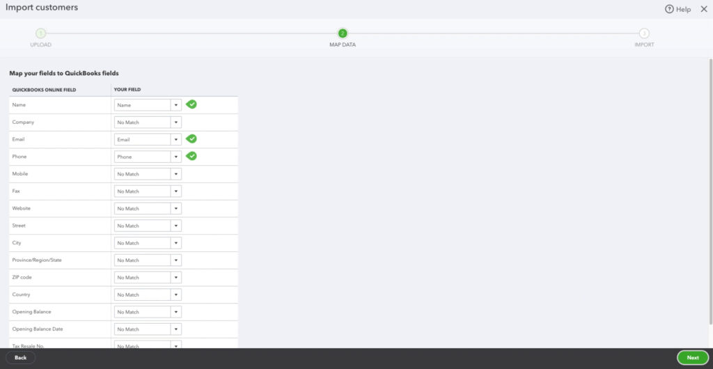 Mapping imported customer data in QBO