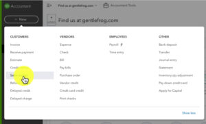 Creating a sales receipt using the +New menu in QuickBooks Online.