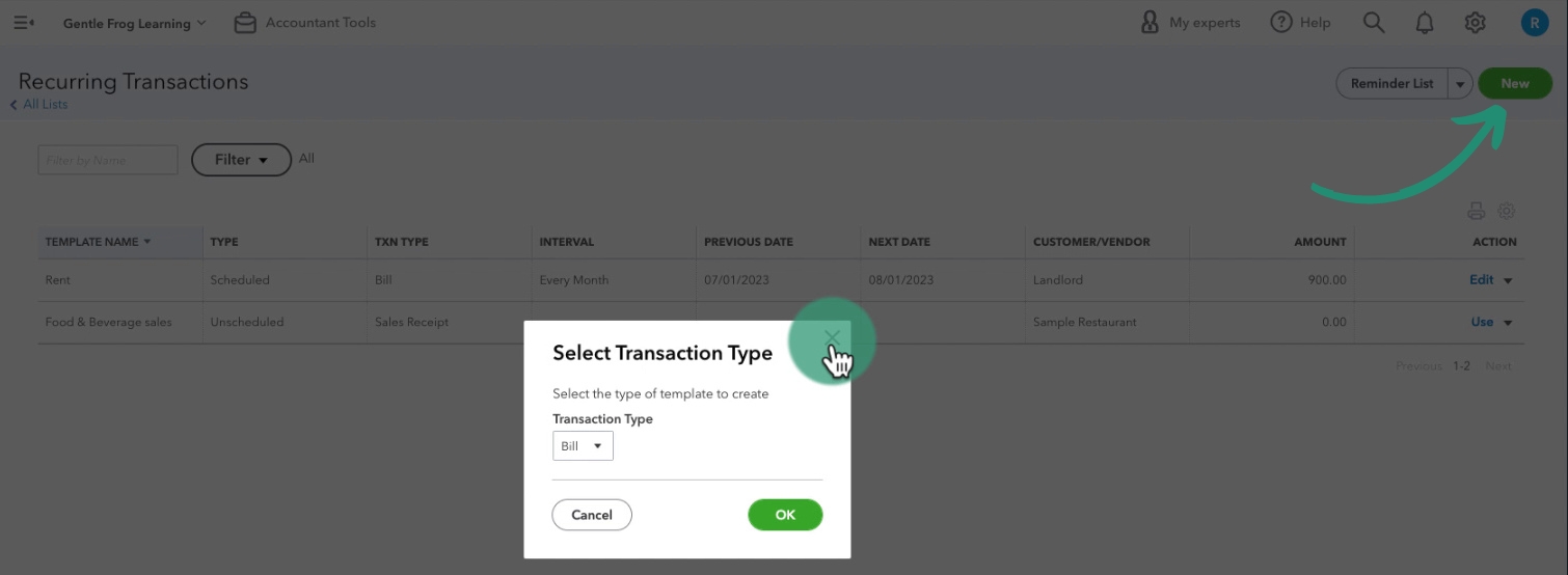 New Recurring Transaction, Transaction Type selection screen in QBO