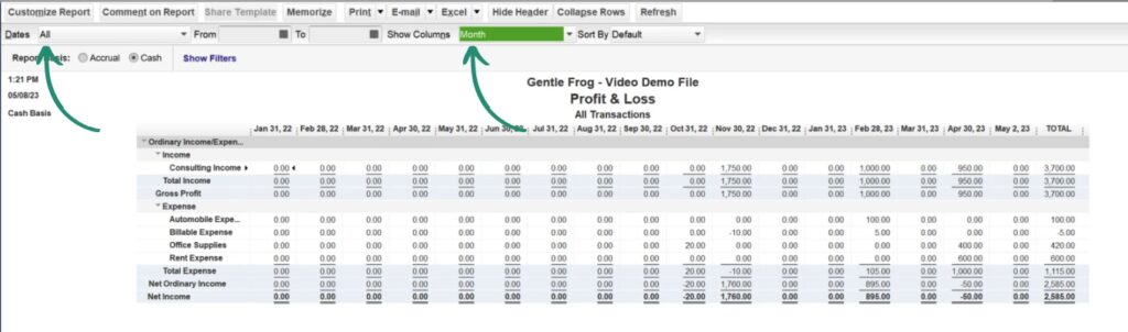 Profit and Loss by month in QBDT.