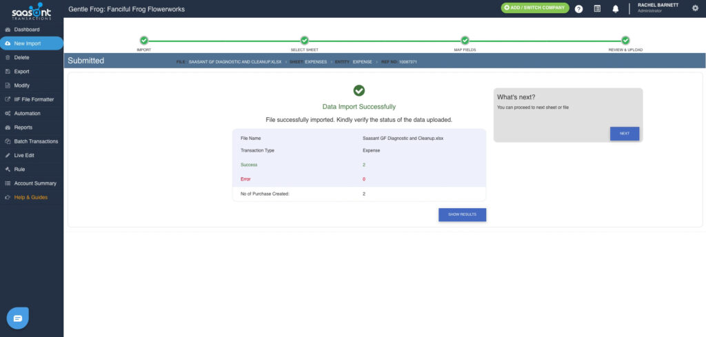 SaasAnt letting us know if there were any errors when uploading data into QBO