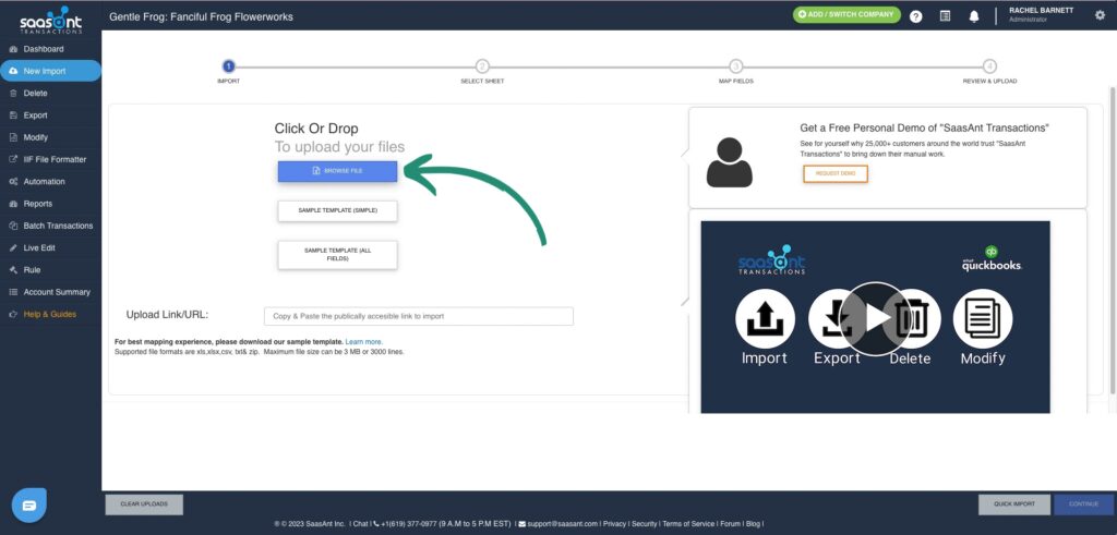 Browsing to the file you're using to upload data in SaasAnt