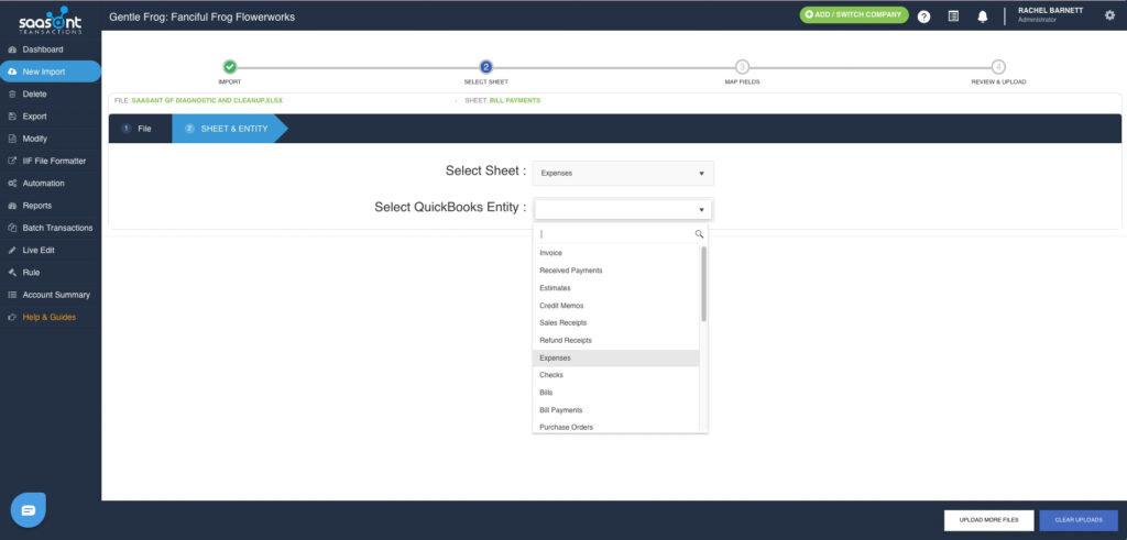Selecting what data and where it will go in QBO when uploading data using SaasAnt.