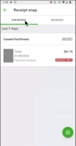 Receipts in the For Review tab in the Receipt snap section of the QBO mobile app