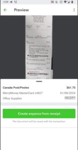 Previewing your receipt in Receipt snap before creating an expense