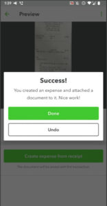 Success message when using a receipt to create an expense with Receipt snap in the QBO mobile app