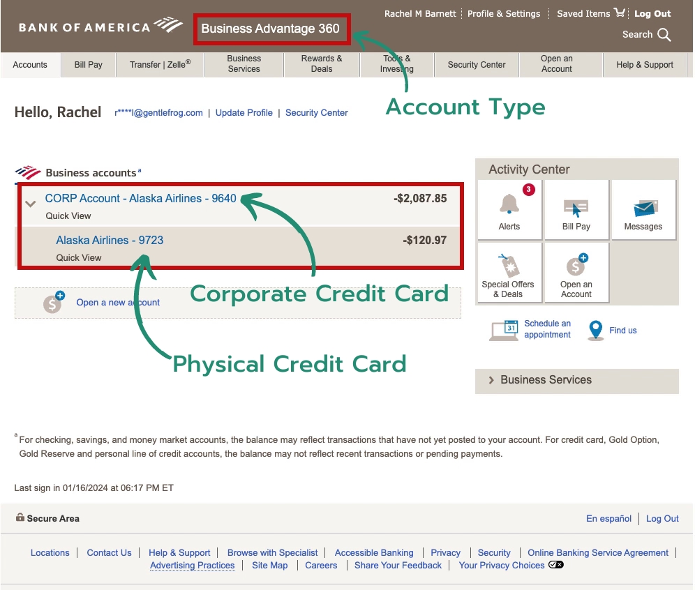 Bank of America Business Advantage 360 account with a corporate credit card that has one physical card associated with it
