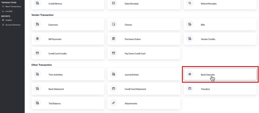 Selecting Bank deposits as transaction type in SaasAnt