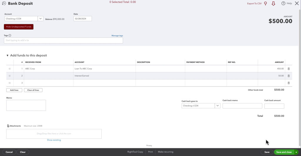 Bank Deposit created to record a loan payment in QBO