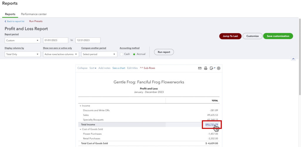 Opening the Income Detail Report by clicking on the Total Income amount in QBO