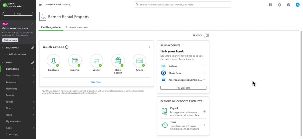 The home screen of QuickBooks Ledger
