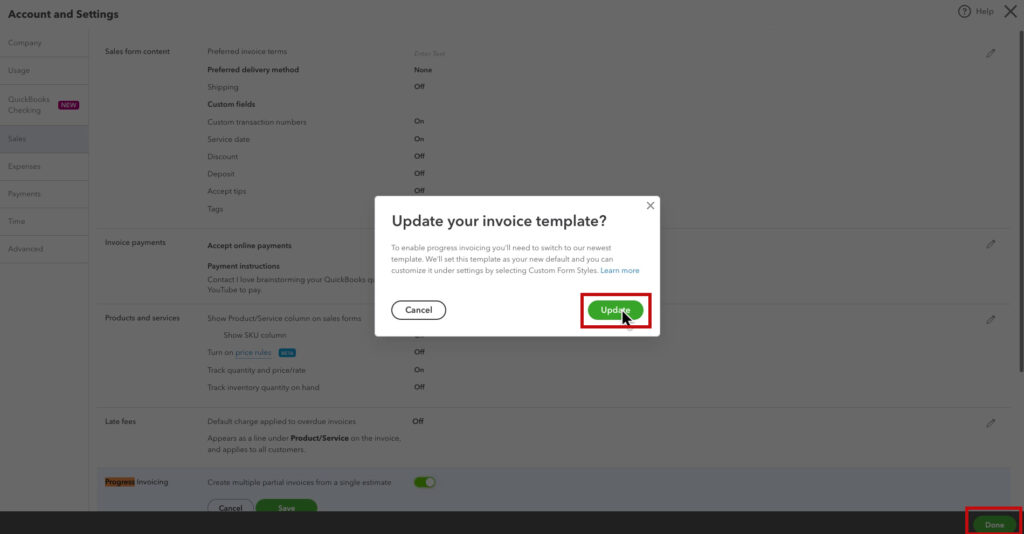 Message letting you know you must use the new invoice template when you turn on progress invoicing in QBO