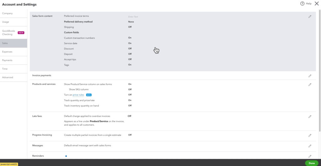 Sales form content in Accounts in Settings in QBO edits what appears on sales forms like invoices