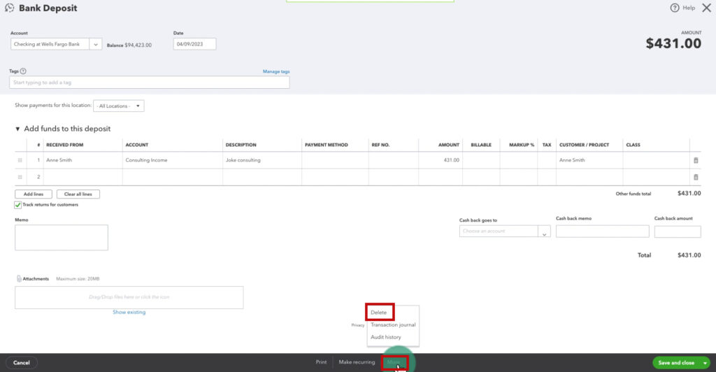 Delete a deposit in QBO that's a duplicate transaction