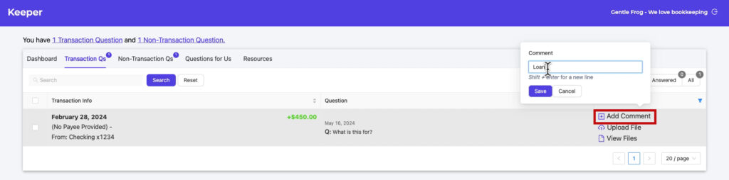 Answering a question in the Keeper.app client portal