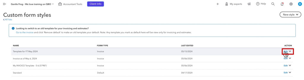 Editing an invoice template in QBO