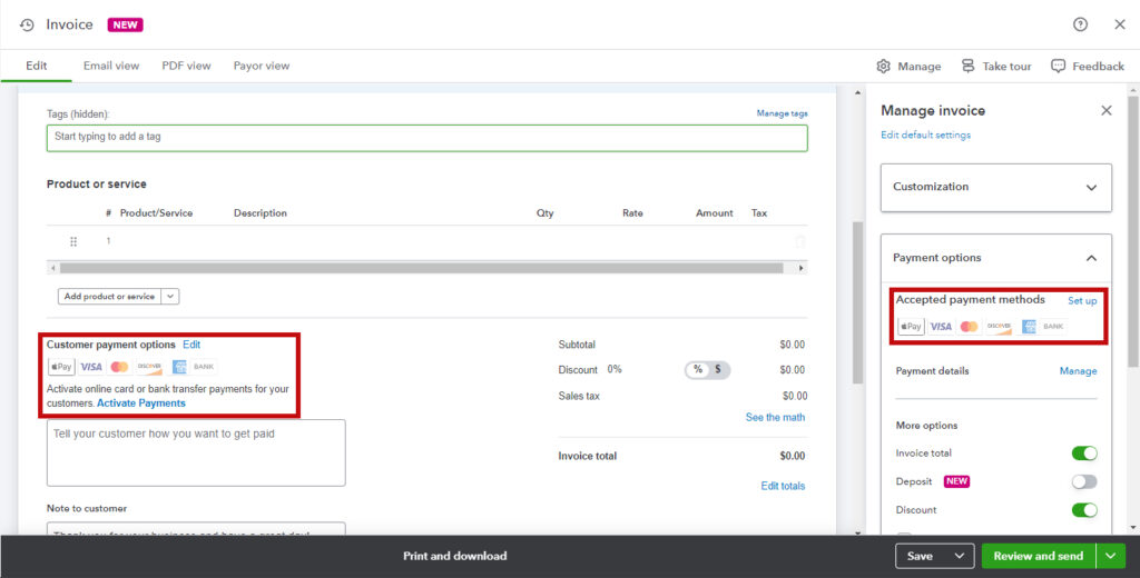 Customer payment options in QBO when you haven't activated payments yet