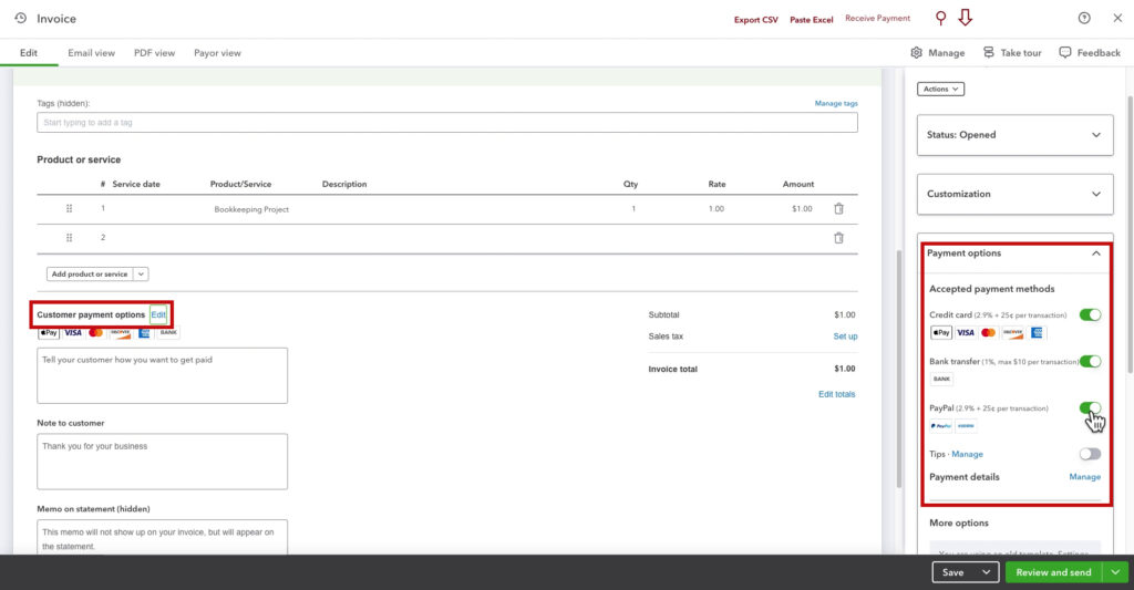 Customer payment options on a QBO invoice