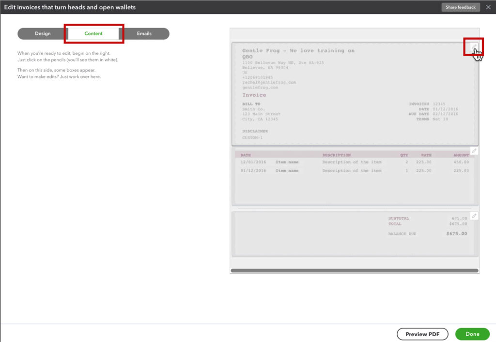 Opening the content section of a QBO invoice template