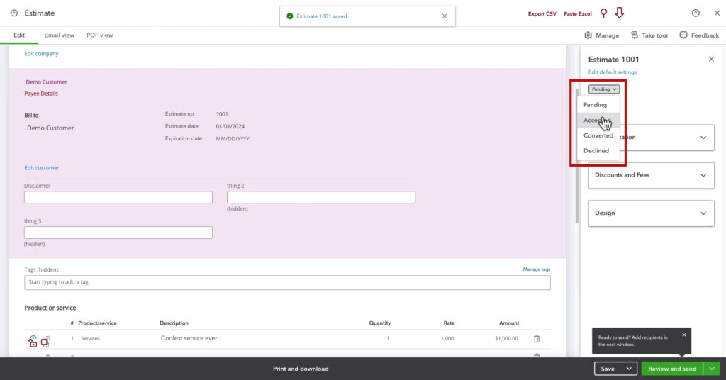 Marking an estimate as accepted in QBO