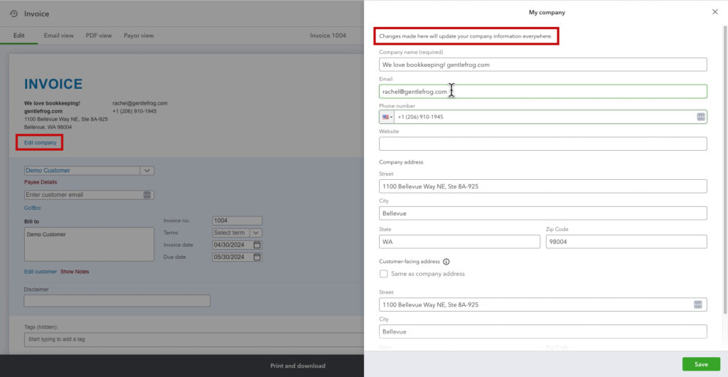 Edit company information from within an invoice in QBO